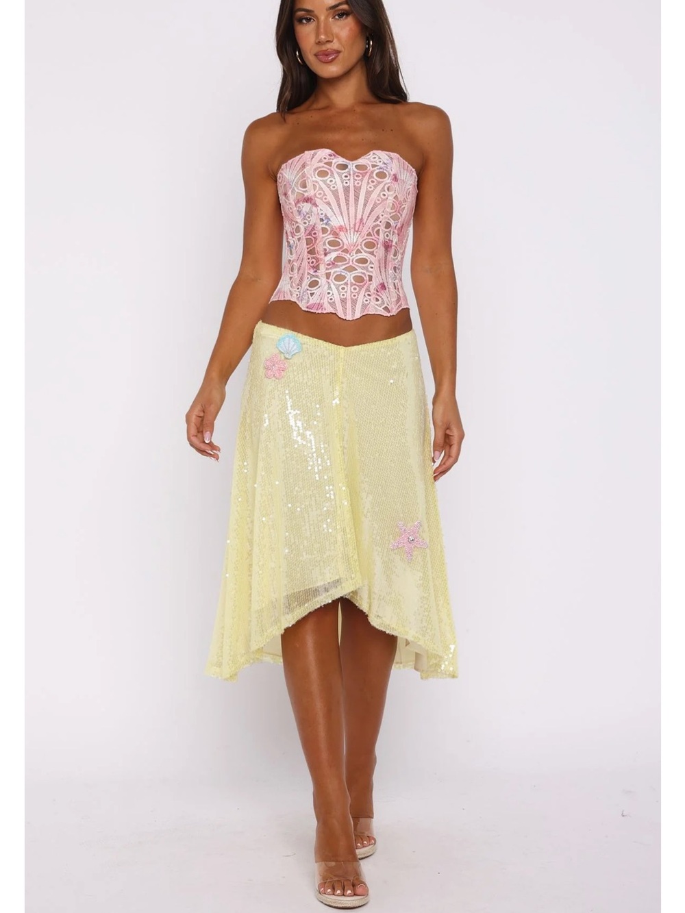 White Fox Boutique Pink Corset Top with Pale Yellow Sequin Midi Skirt